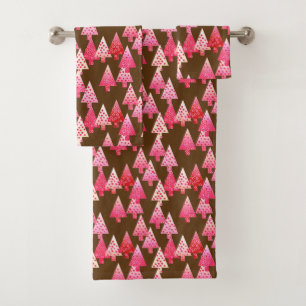 Modern Flower Christmas Trees, coral pink & brown Bath Towel Set