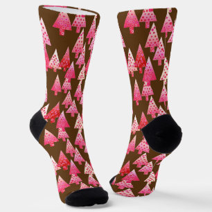 Modern Flower Christmas Trees, Coral Pink & Brown Socks