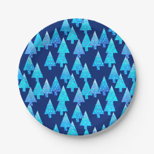 Modern flower Christmas trees - deep blue Paper Plates