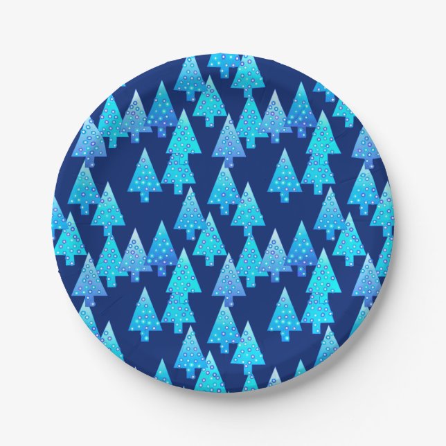 Modern flower Christmas trees - deep blue Paper Plates (Front)