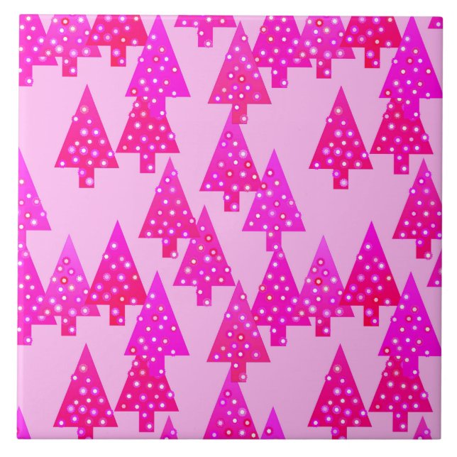 Modern flower Christmas trees - fuchsia pink Ceramic Tile (Front)