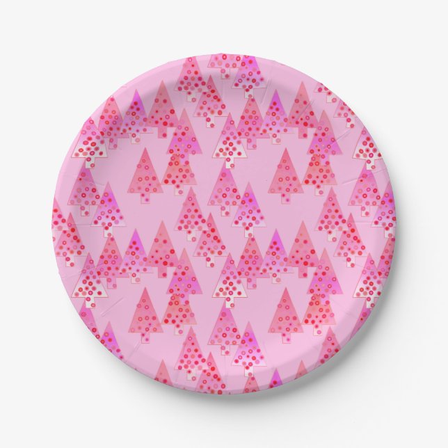 Modern flower Christmas trees - pastel pink Paper Plates (Front)