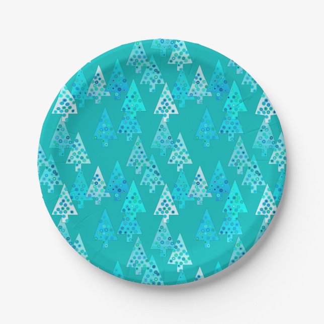 Modern flower Christmas trees - turquoise Paper Plates (Front)