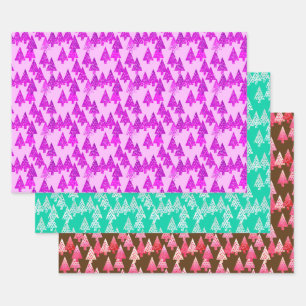 Modern Flower Christmas Trees, Violet, Aqua, Brown Wrapping Paper Sheets