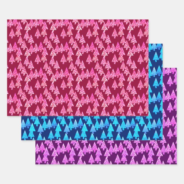 Modern Flower Christmas Trees, Wine, Blue, Purple Wrapping Paper Sheets (Set)