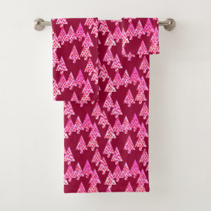 Modern Flower Christmas Trees, Wine & Pink Bath Towel Set