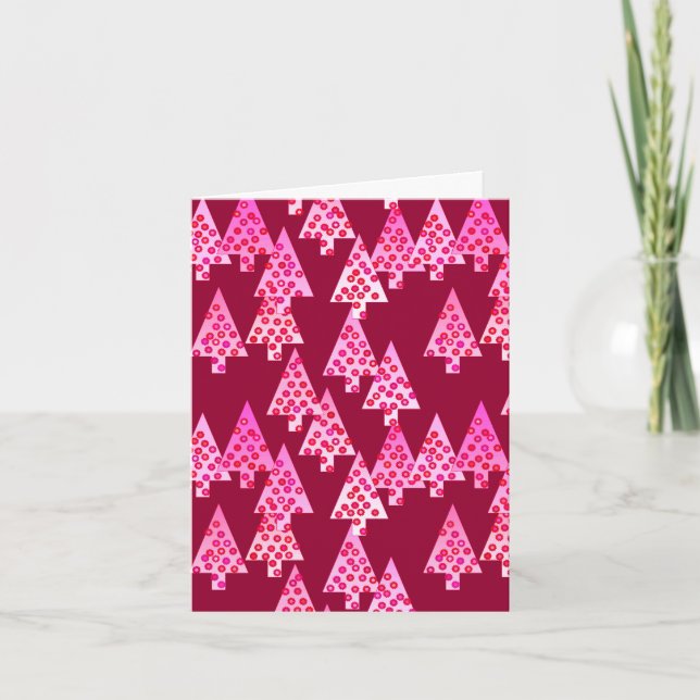 Modern flower Christmas trees - wine & pink Holiday Card (Front)