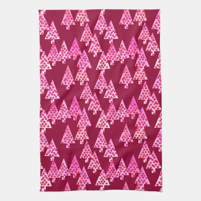Modern flower Christmas trees - wine & pink Kitchen Towel (Vertical)