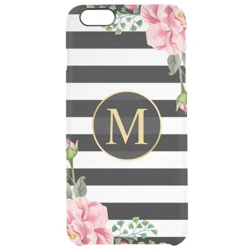 Modern Flower Decor Black White Stripes Monogram Clear iPhone 6 Plus Case