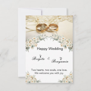 Modern flower decorations and 2 gold rings wedding invitation