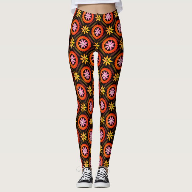 Modern Flower design on black background  Leggings (Front)
