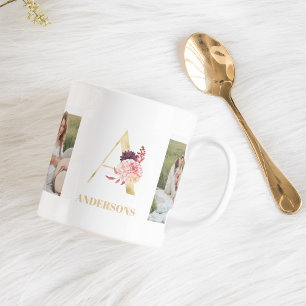 Modern Flower Gold Letter A Two Photo Monogram Coffee Mug