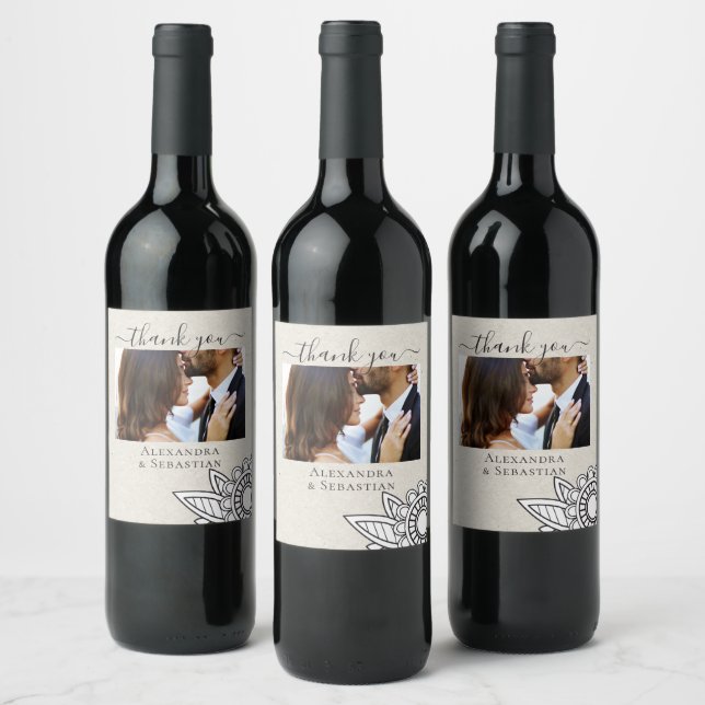 Modern Flower Grey Tan White Personalized Wedding Wine Label (Bottles)