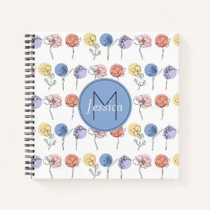 Modern Flower Line Drawings with Pastel Colors Notebook