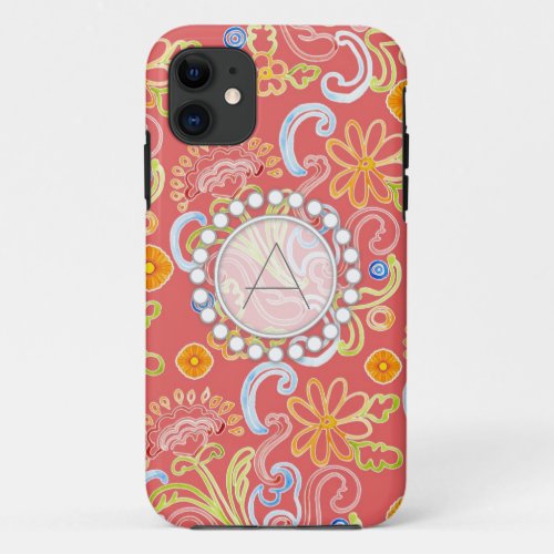 Modern Flower Pattern Floral Leaf Swirl Monogram iPhone 11 Case