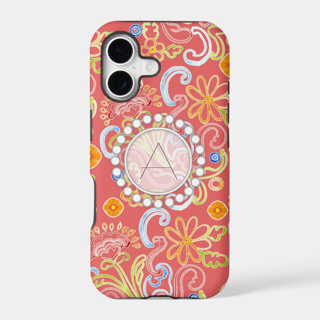 Modern Flower Pattern Floral Leaf Swirl Monogram Iphone Case (Back)