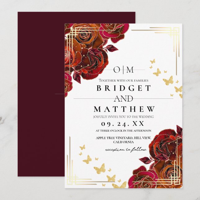 Modern Flower Red Rose and Gold Wedding Invitation (Front/Back)