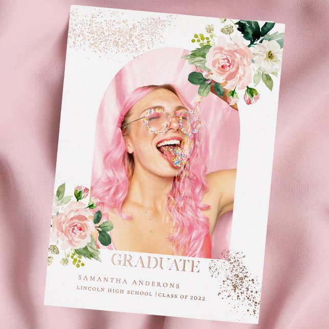 Modern Flower | Rose Gold Real Foil Photo Graduate Foil Invitation (Creator Uploaded)