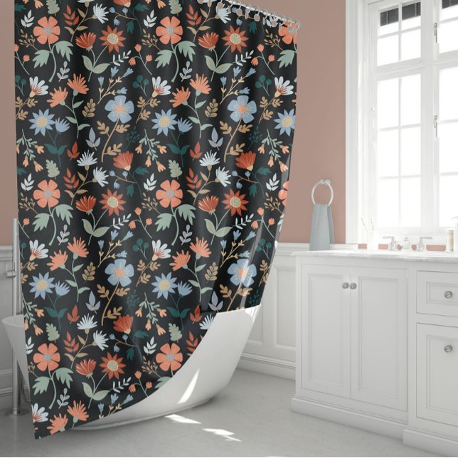 Modern Flowers And Leaves Shower Curtain (Modern Flowers And Leaves Girly Black Orange Blue Shower Curtain from Studio Posies.)
