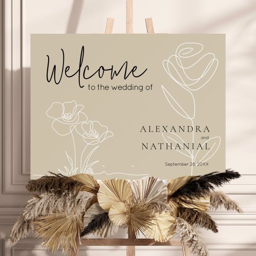 Modern Flowers Beige Script Wedding Welcome Sign