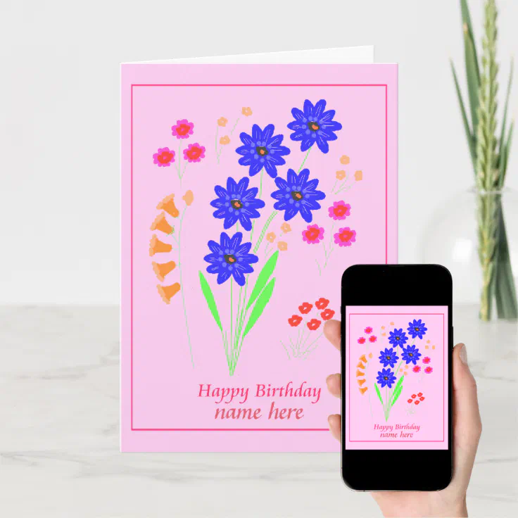 Modern Flowers Birthday card Add name front Zazzle