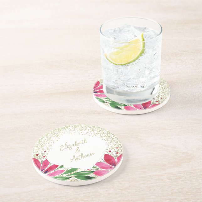 Modern Flowers Bloom Watercolor Pink Glitter Coaster (Side)