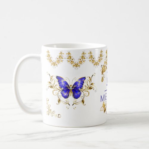 Modern flowers blue  gold butterflies monogrammed coffee mug