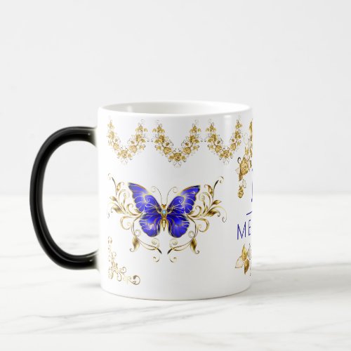 Modern flowers blue  gold butterflies monogrammed magic mug