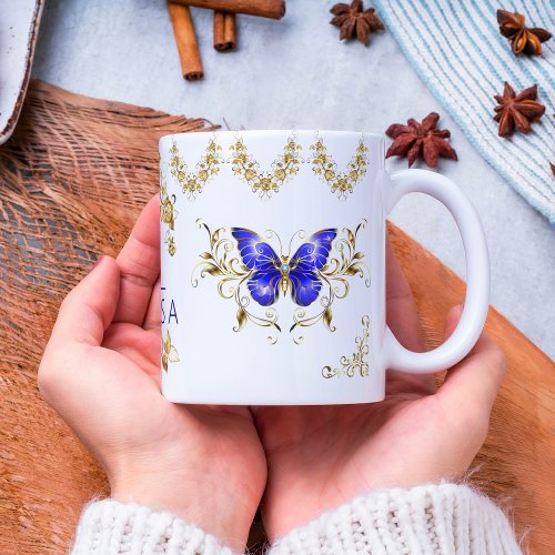 Modern flowers blue  gold butterflies monogrammed Two_Tone coffee mug