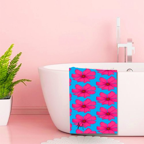 Modern Flowers Blue Pink Stylish Monogram  Bath Towel Set