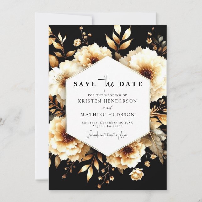 Modern Flowers Gold and Black Wedding Save The Date (Front)