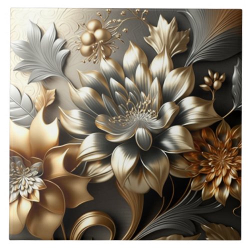 Modern flowers gold silver ceramic tile