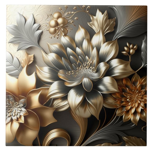 Modern flowers gold silver ceramic tile (Front)