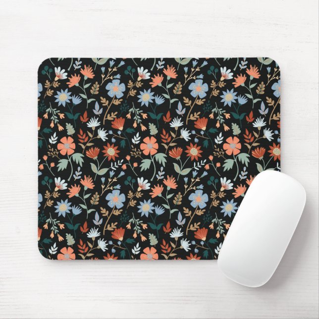 Modern Flowers Leaves Black Orange Blue Floral Mouse Pad (With Mouse)