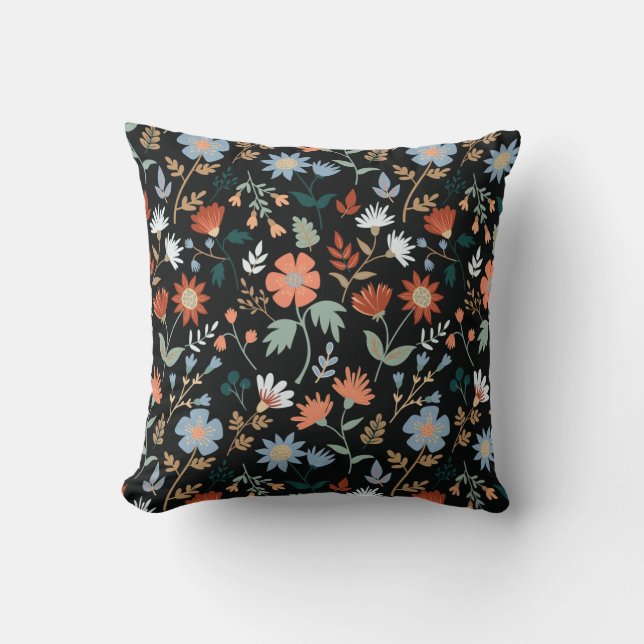 Modern Flowers Leaves Black Orange Blue Print Throw Pillow (Front)
