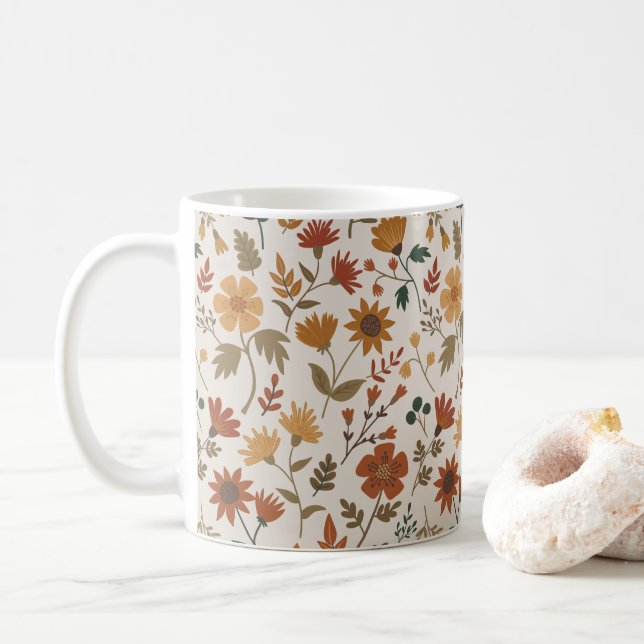 Modern Flowers Leaves Gold Rust Floral Coffee Mug (With Donut)