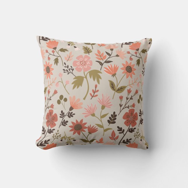 Modern Flowers Leaves Pink Green Pattern Throw Pillow (Front)