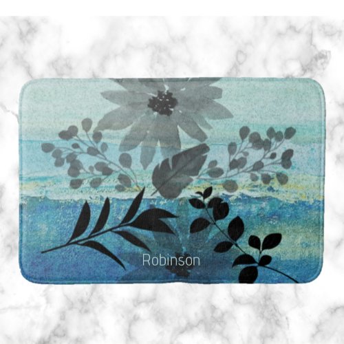 Modern Flowers On Dreamy Blue Background   Bath Mat