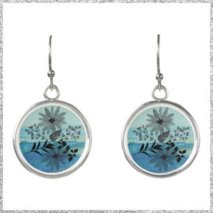 Modern Flowers On Dreamy Blue Background Earrings