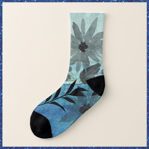 Modern Flowers On Dreamy Blue Background  Socks