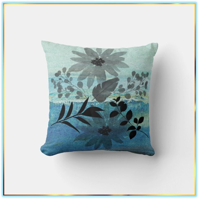 Modern Flowers On Dreamy Blue Background Throw Pillow (Creator Uploaded)
