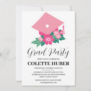 modern flowers pink graduation invitations