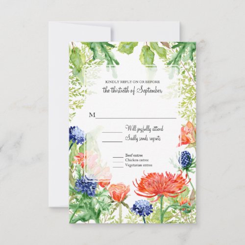 Modern Flowers Watercolor Coral Blue Foliage Green RSVP Card