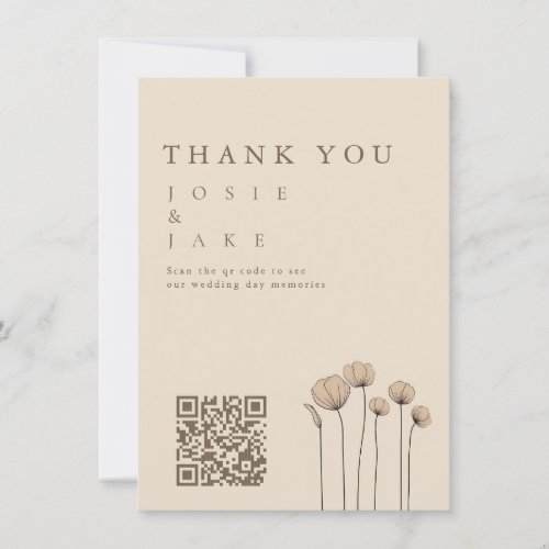 Modern Flowers Wedding Thank You Card with QR Code