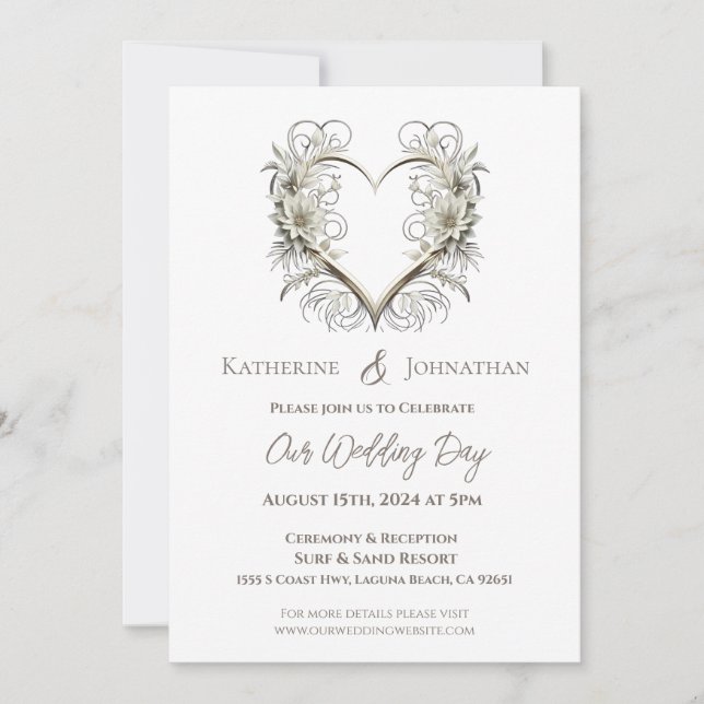 Modern Flowers with a Heart Wedding Invitation (Front)