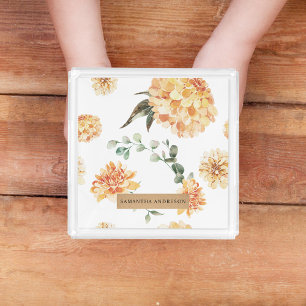 Modern Flowers Yellow & Kraft Personalized Gift Acrylic Tray