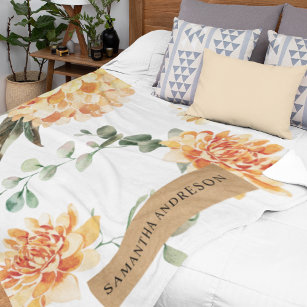 Modern Flowers Yellow & Kraft Personalized Gift Fleece Blanket