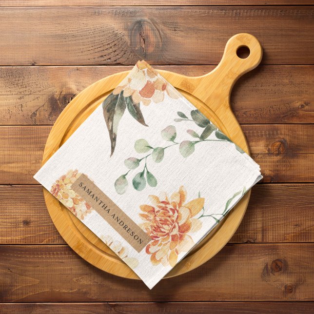 Modern Flowers Yellow & Kraft Personalized Gift Kitchen Towel (Creator Uploaded)