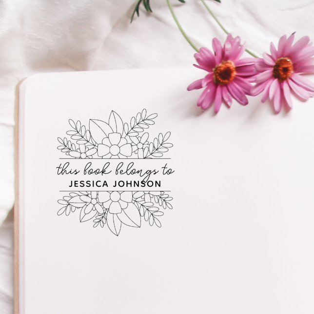 Modern Flowery Custom Name Library Book Rubber Stamp (Creator Uploaded)