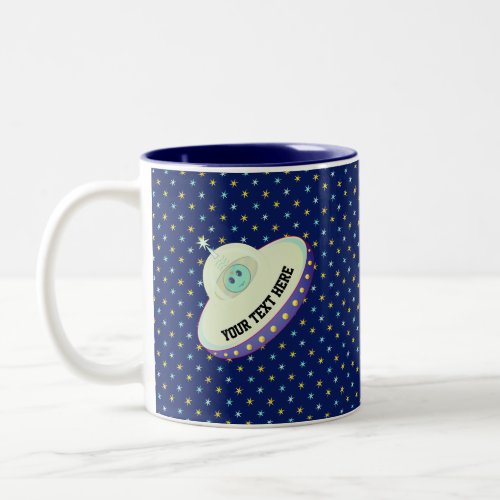 Modern flying saucer  stars on navy blue Two_Tone coffee mug